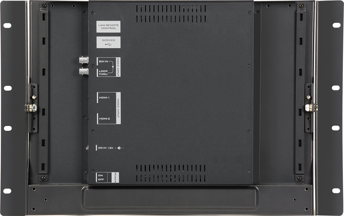Zadnja plošča Datavideo TLM-170LR z vhodom SDI in prehodnim izhodom, dvema vhodoma HDMI ter 12-V napajanjem
