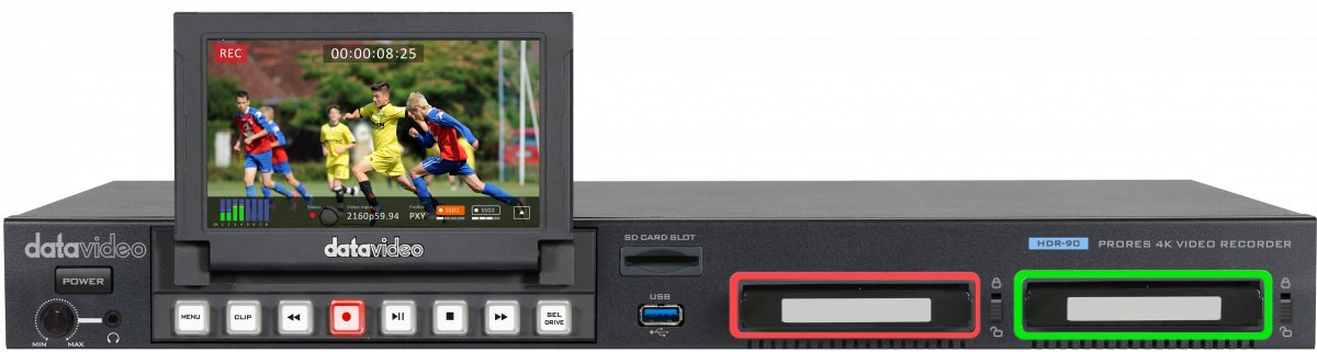 Datavideo HDR-90, rekordér ProRes 4K v rackové instalaci