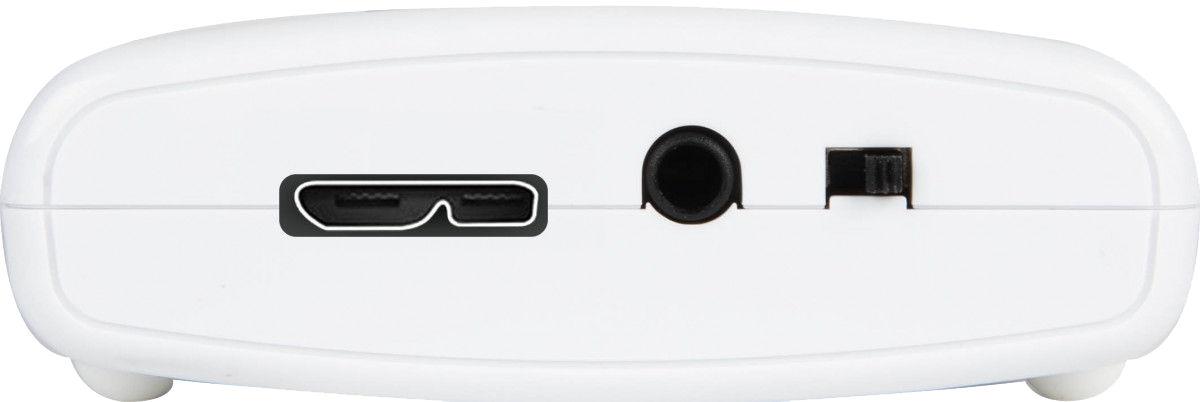 Priključna stran Datavideo CAP-1 z USB, zunanjim zvočnim vhodom in stikalom