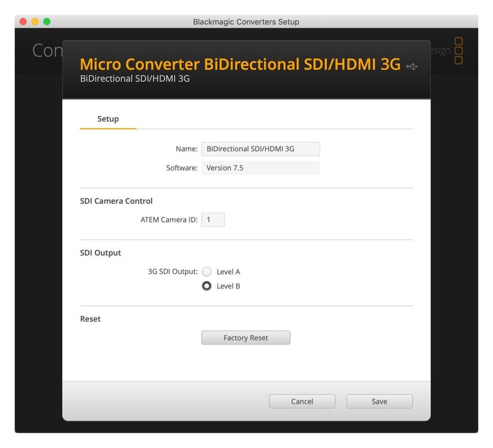 Micro Converter BiDirectional SDI/HDMI 3G – Nastavitve v aplikaciji Blackmagic Converters Setup