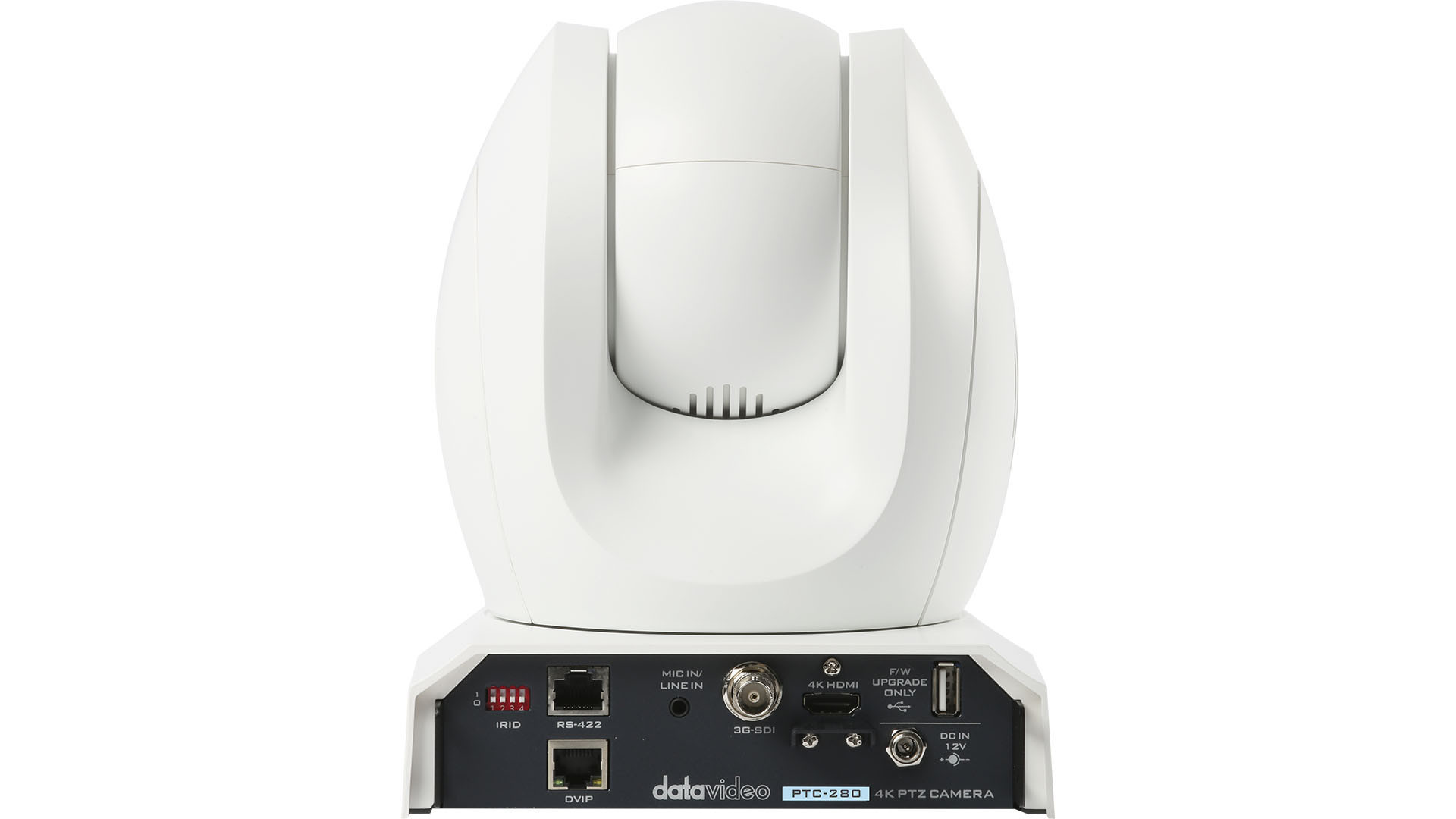 Zadnja stran Datavideo PTC-280W s priključki 3G-SDI, HDMI, DVIP, RS-422 in napajanjem
