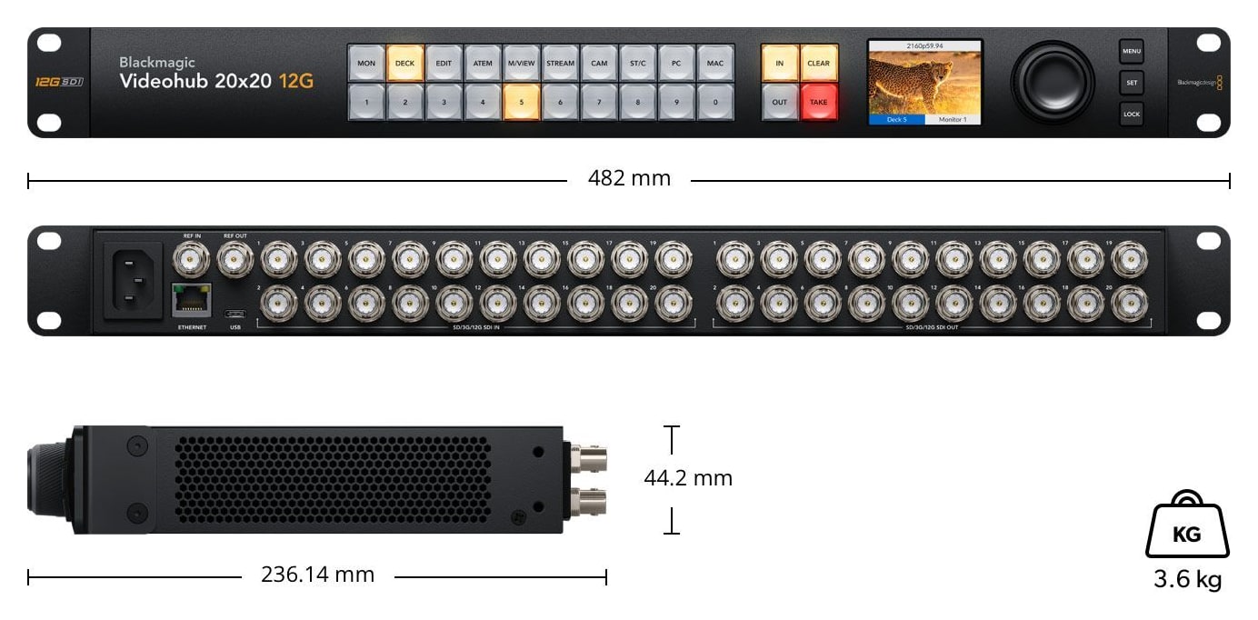 Blackmagic Videohub 20x20 12G – Mere in teža