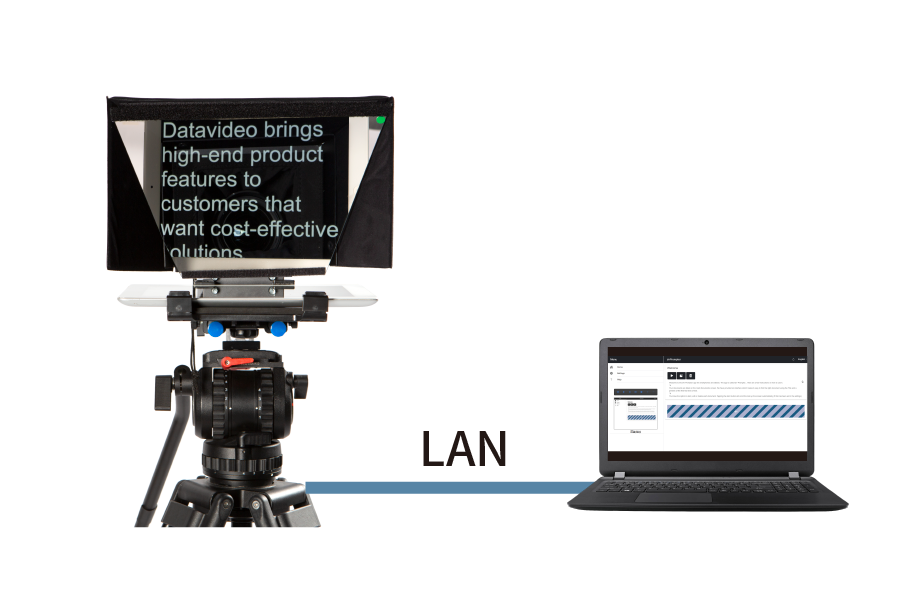 Teleprompter Datavideo TP-500 in prenosnik za upravljanje scenarija v lokalnem omrežju