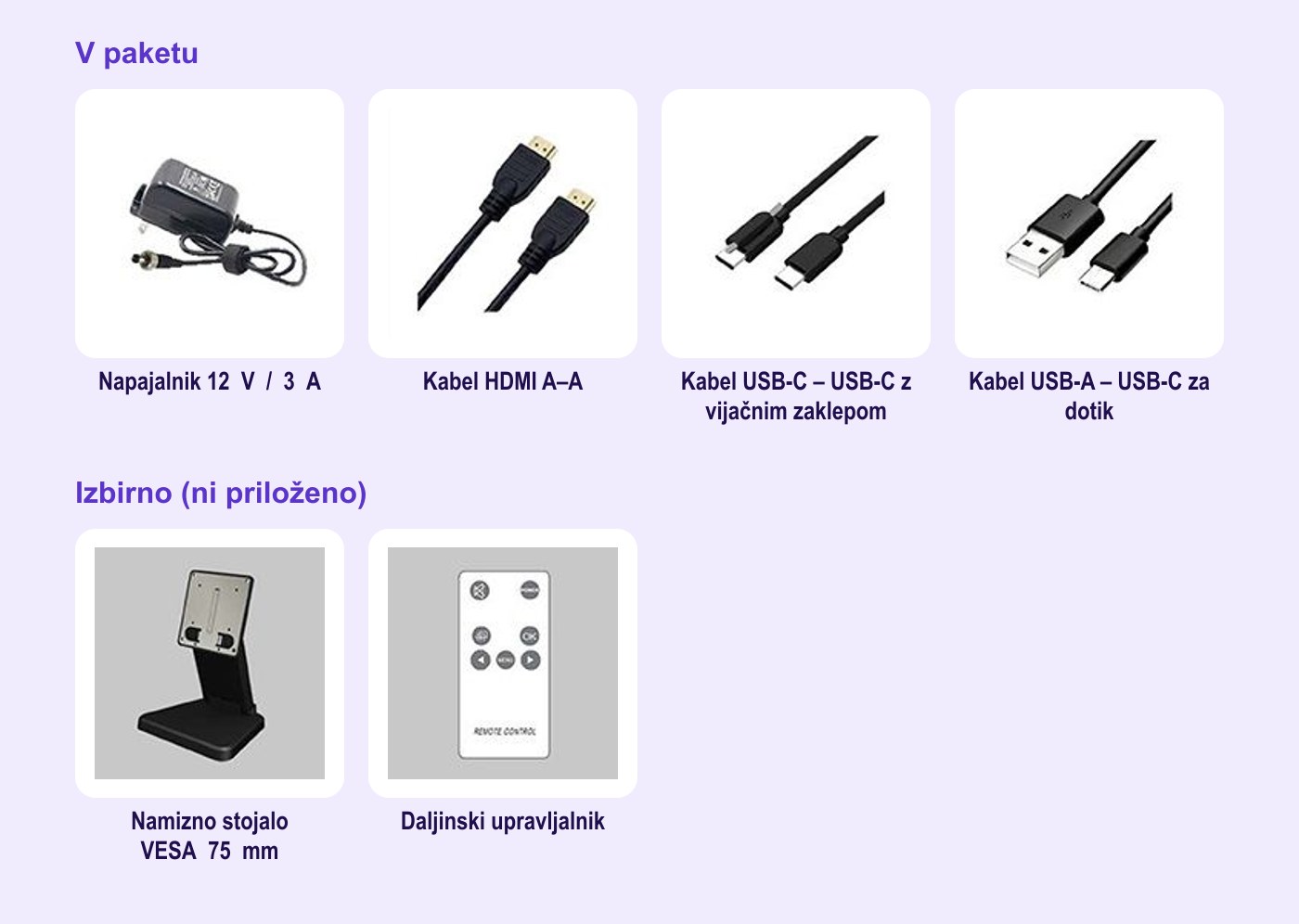 Lilliput FA1019-NP/C/T – Vsebina paketa in izbirna dodatna oprema