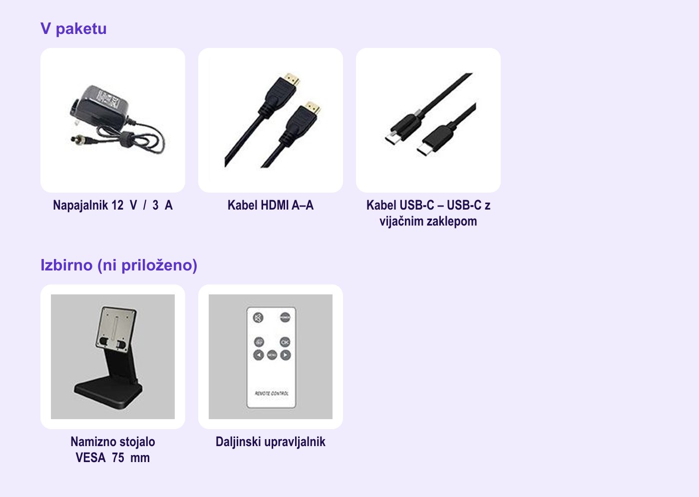 Lilliput FA1019-NP/C – Vsebina paketa in izbirna dodatna oprema