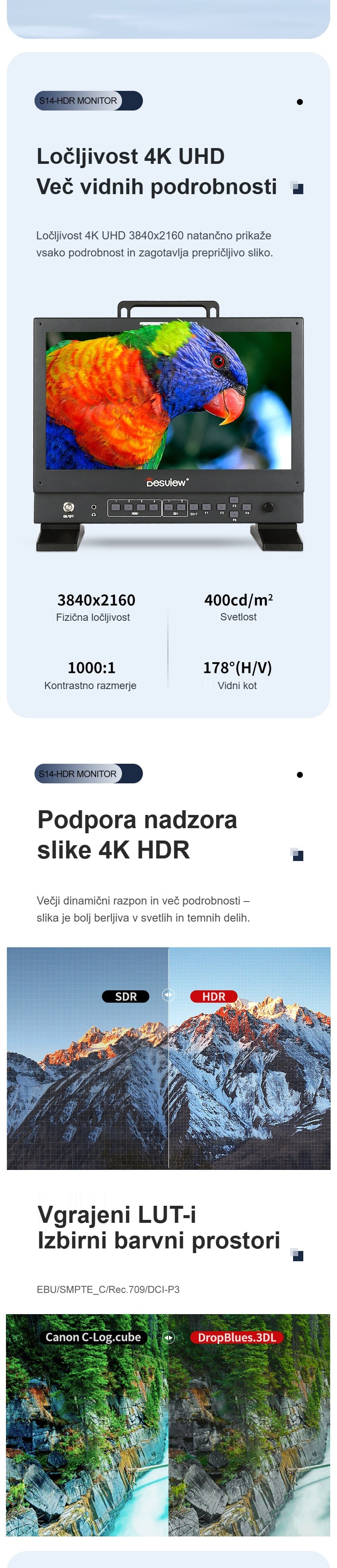 Ločljivost 4K UHD, HDR in vgrajeni LUT-i