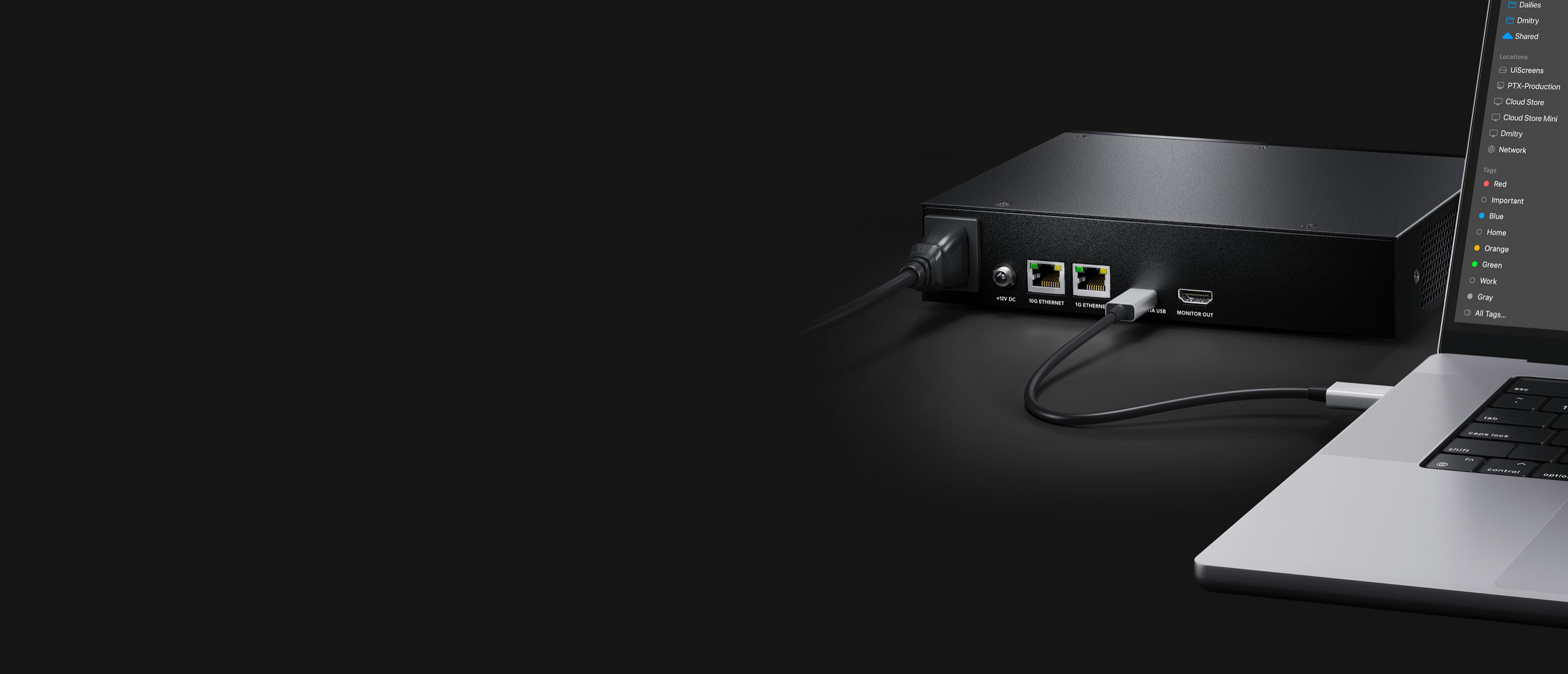 Zadnja plošča Blackmagic Cloud Store Mini 16TB z 10G Ethernetom, USB-C in HDMI