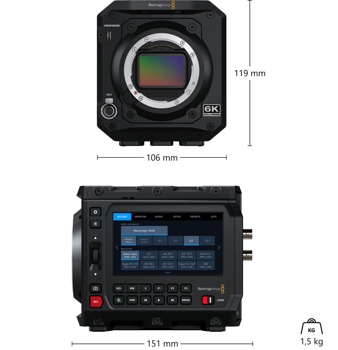 Blackmagic PYXIS 6K (L-Mount) – Mere in teža