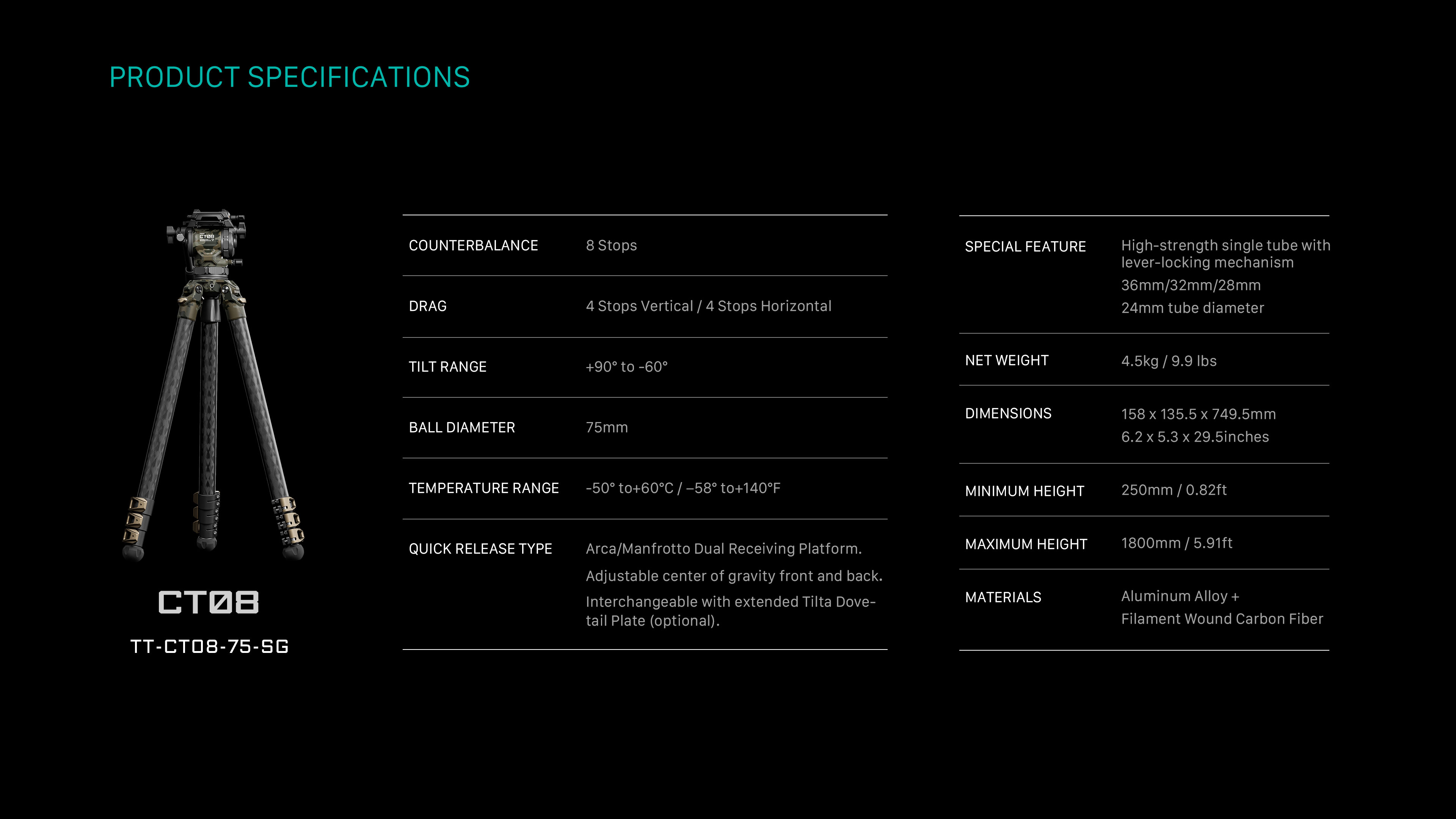 Tilta 75mm Cine Fluid Head with 3-Stage Carbon Fiber Tripod Legs (8KG)