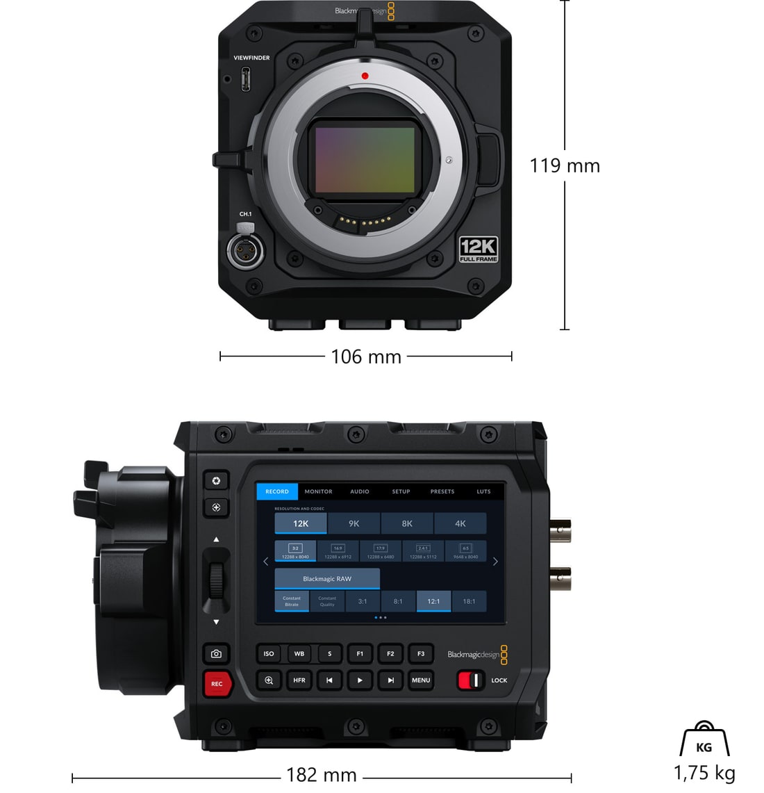 Blackmagic PYXIS 12K EF – Mere in teža