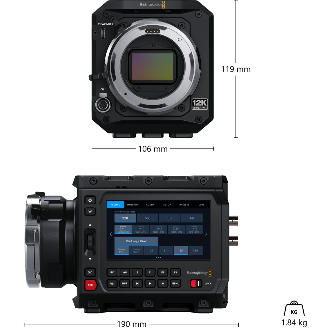 Blackmagic PYXIS 12K PL – Mere in teža