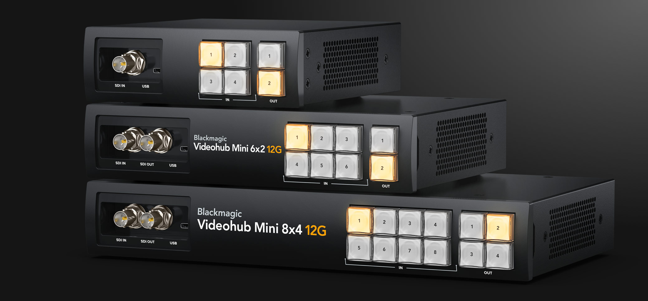 Družina Blackmagic Videohub Mini – modeli in sprednje upravljanje