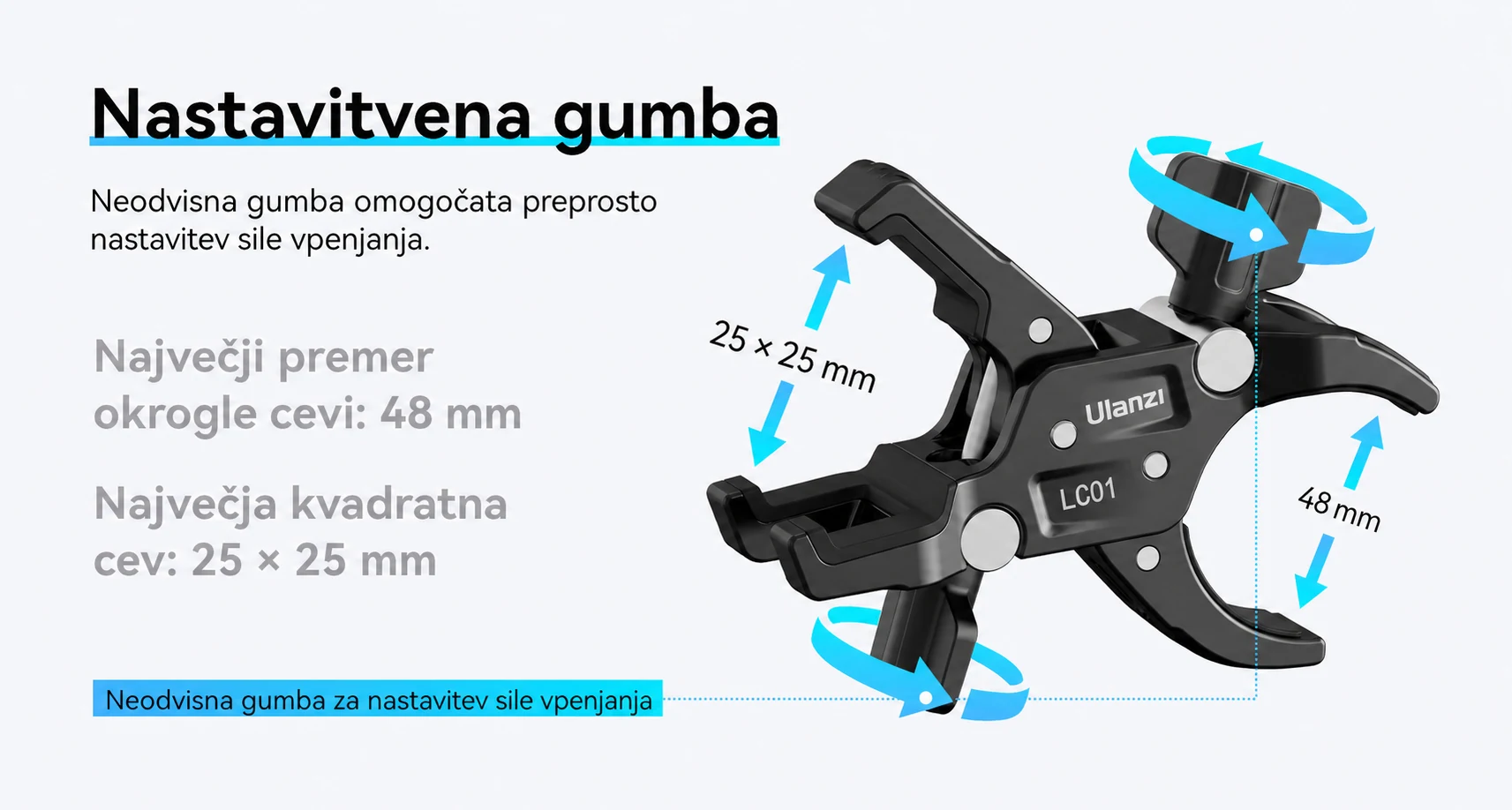 Česká infografika rozsahu a nastavení svorky Ulanzi LC01