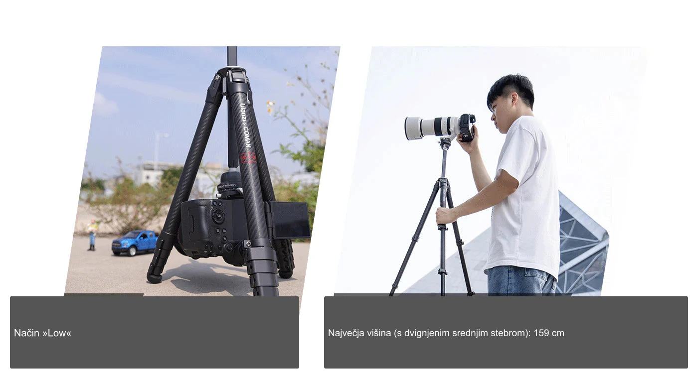 Nizki način: 180 mm (7,0") – Največja višina (srednji steber dvignjen): 1590 mm (62,6")