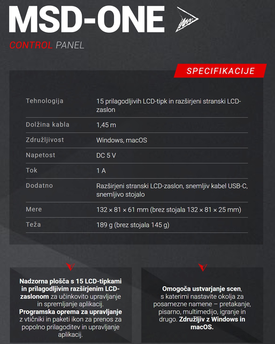 Mars Gaming MSD-ONE – Tehnični podatki na kratko