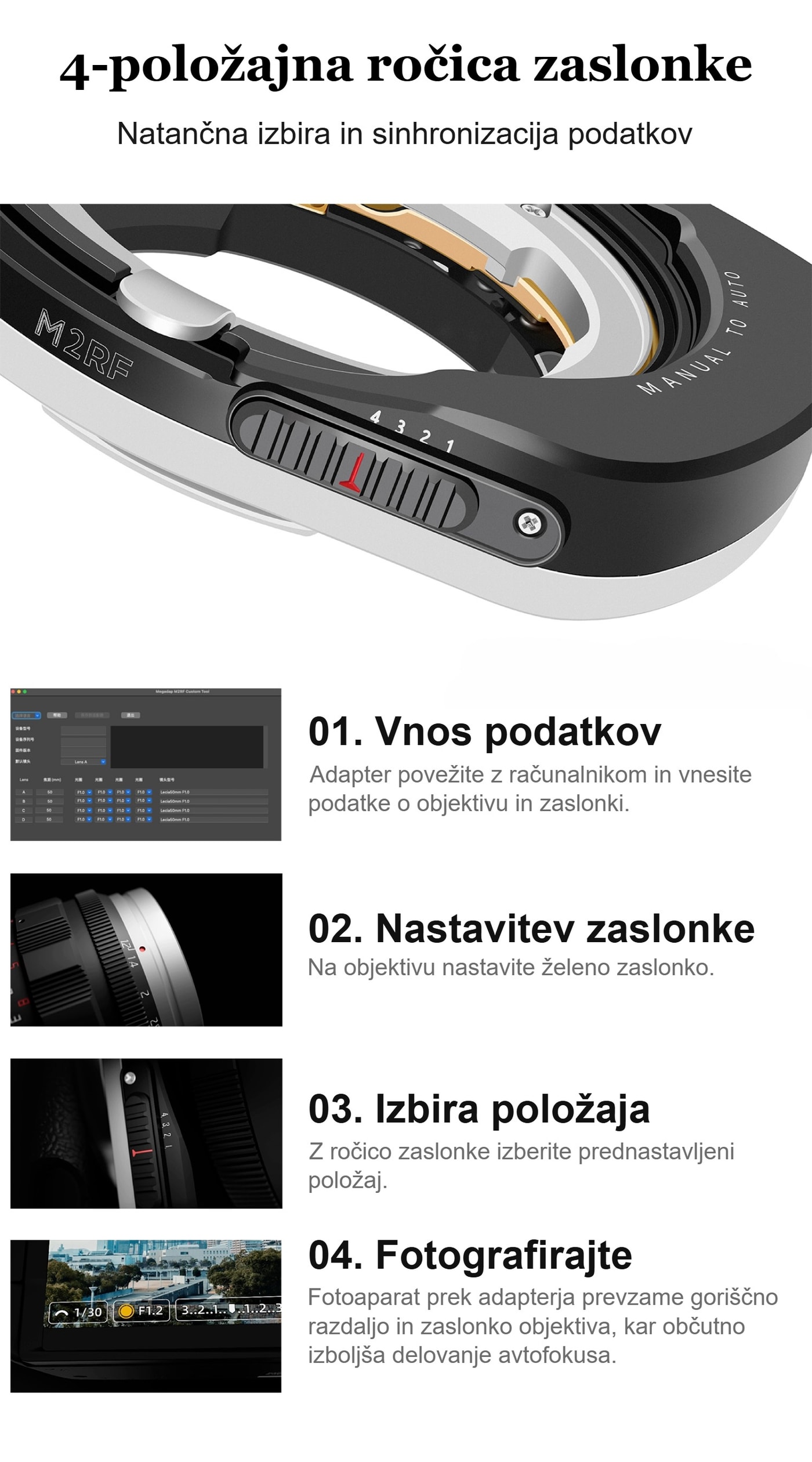 Megadap M2RF – Zaslonko nastavite na objektivu, adapter jo sporoči fotoaparatu