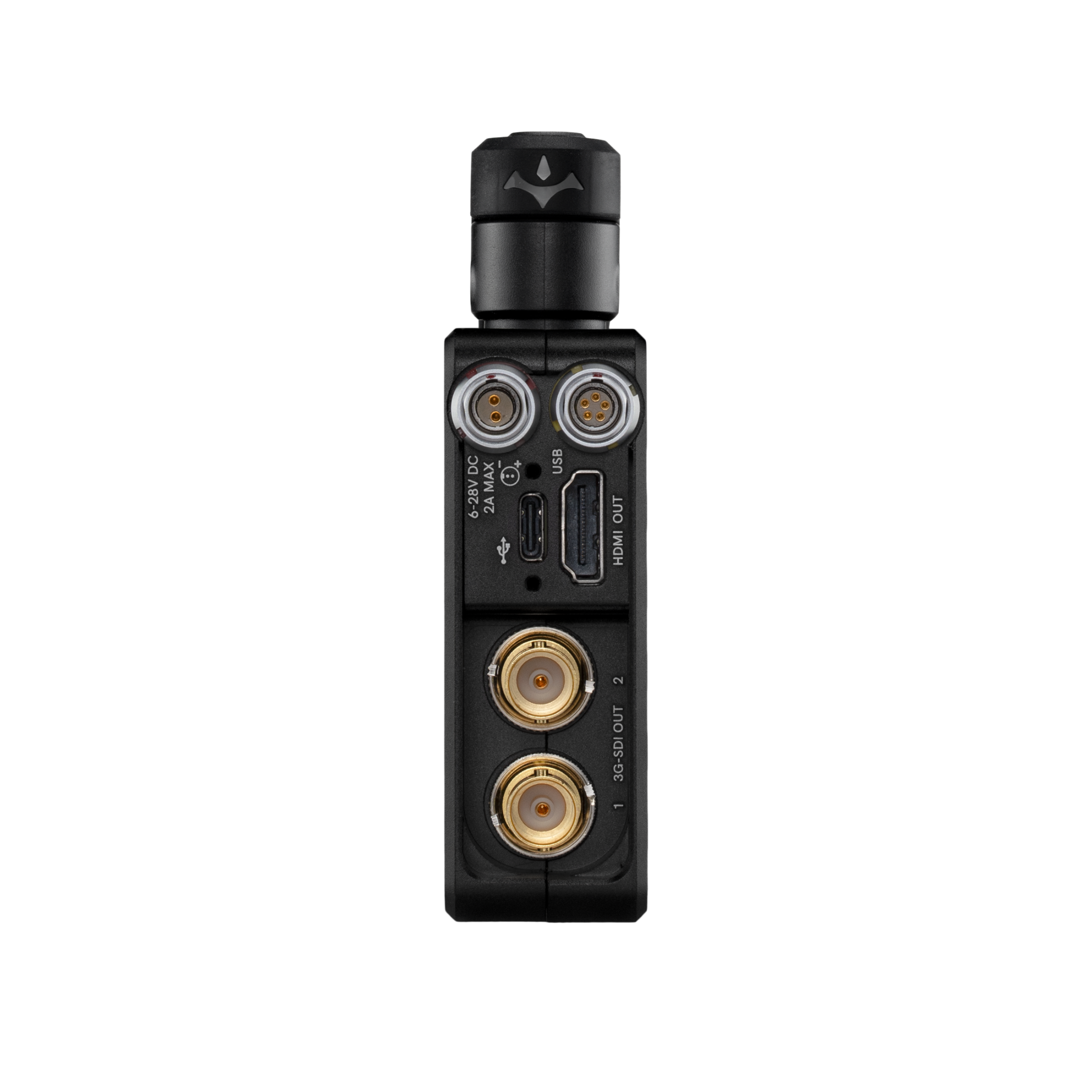 Stranski priključki Teradek Bolt 6 LT 750 RX: dva 3G-SDI OUT, HDMI OUT, USB in napajanje 6–28 V DC