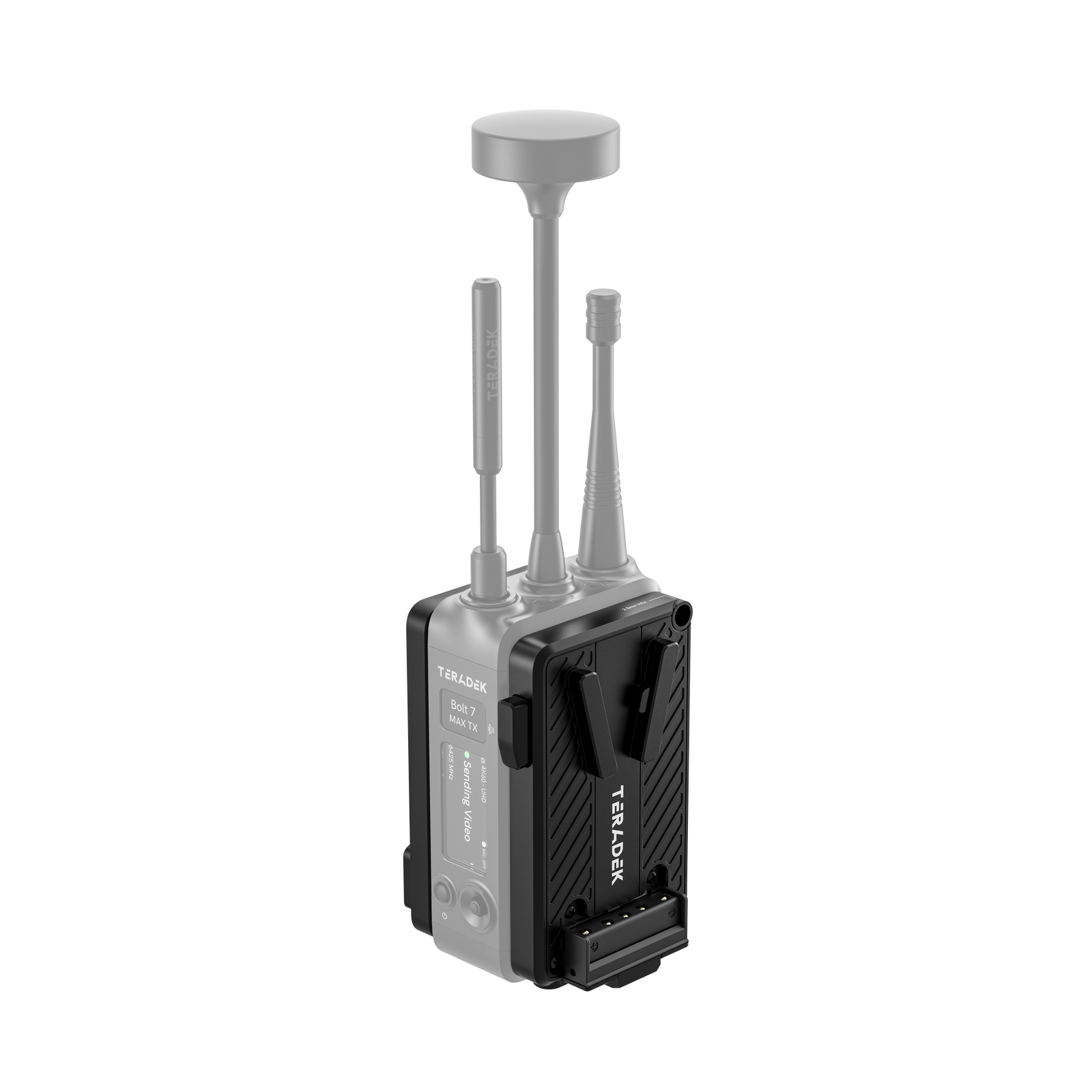 V-Mount battery cradle nameščen na oddajniku Teradek Bolt 7