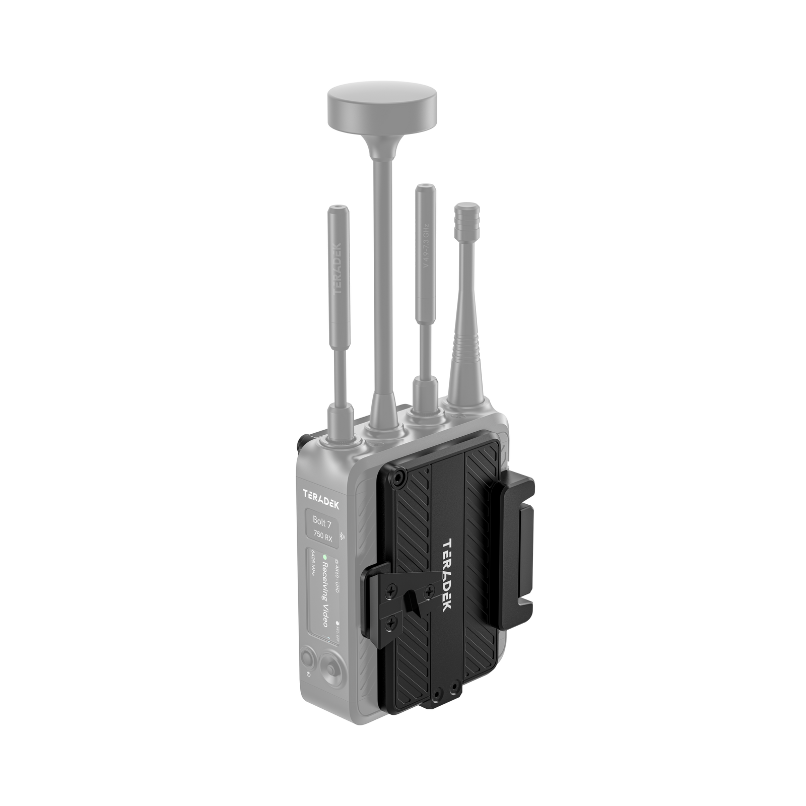 V-Mount battery cradle nameščen na sprejemniku Teradek Bolt 7