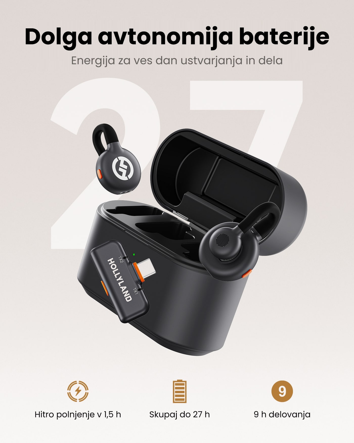 Hollyland LARK M2S sprejemnik USB-C (Space Gray) – Mobilni komplet in njegova avtonomija