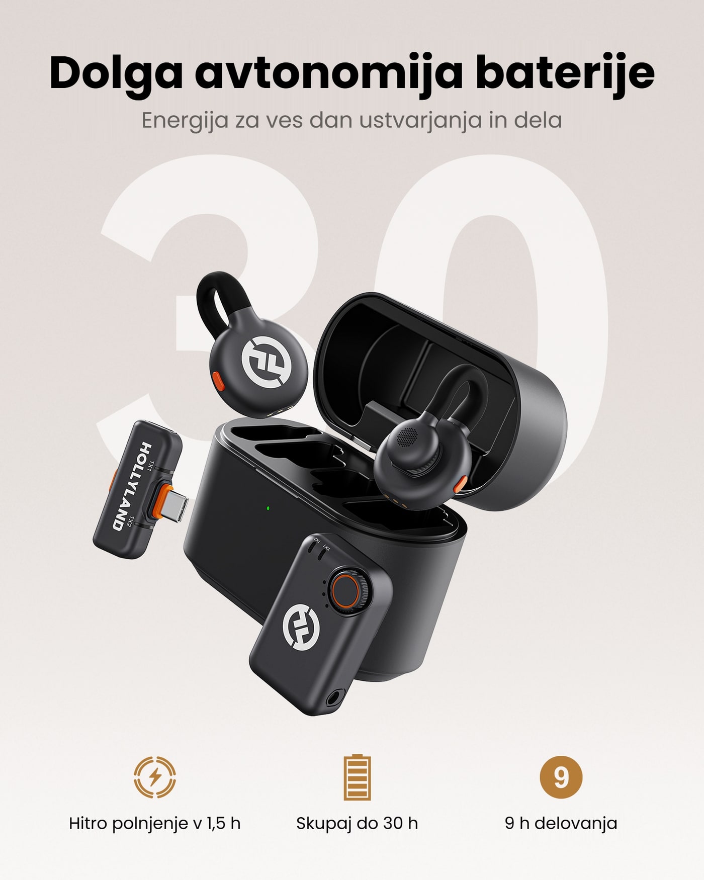 Hollyland LARK M2S polnilno ohišje Combo (Space Gray) – Avtonomija z ohišjem