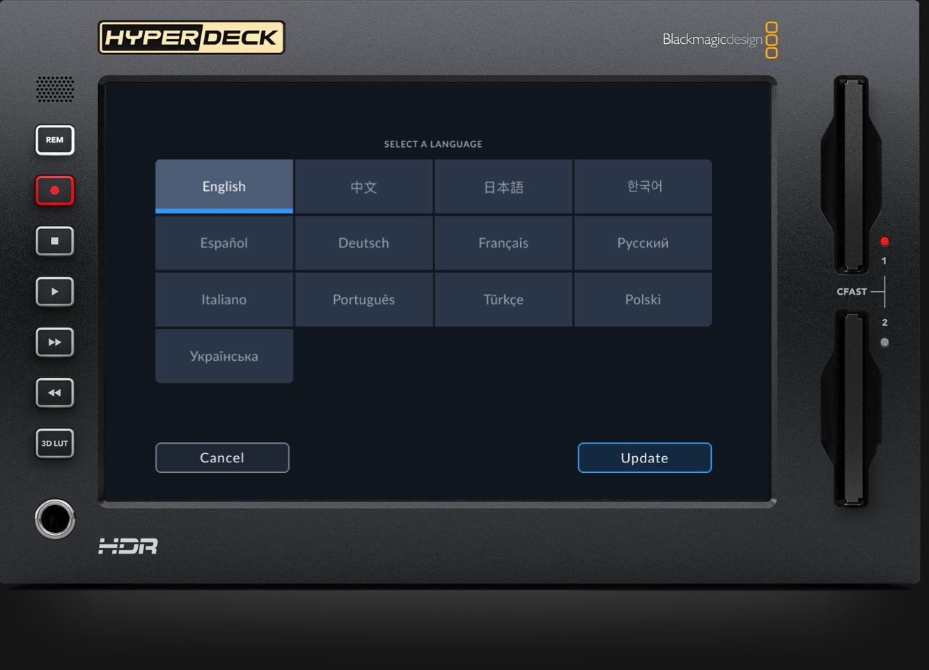 HyperDeck Extreme 8K HDR – Meniji v 13 jezikih