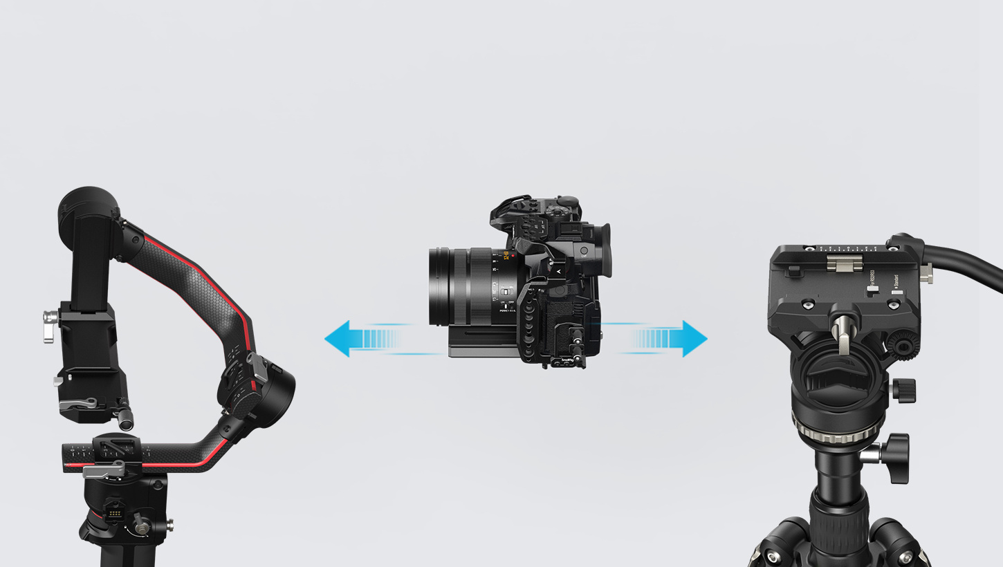 Sprejme hitrovpenjalne ploščice DJI RS 2 / RS 3 / RS 3 Pro in Manfrotto, zato med gimbalom in stojalom preklopiš brez predelave