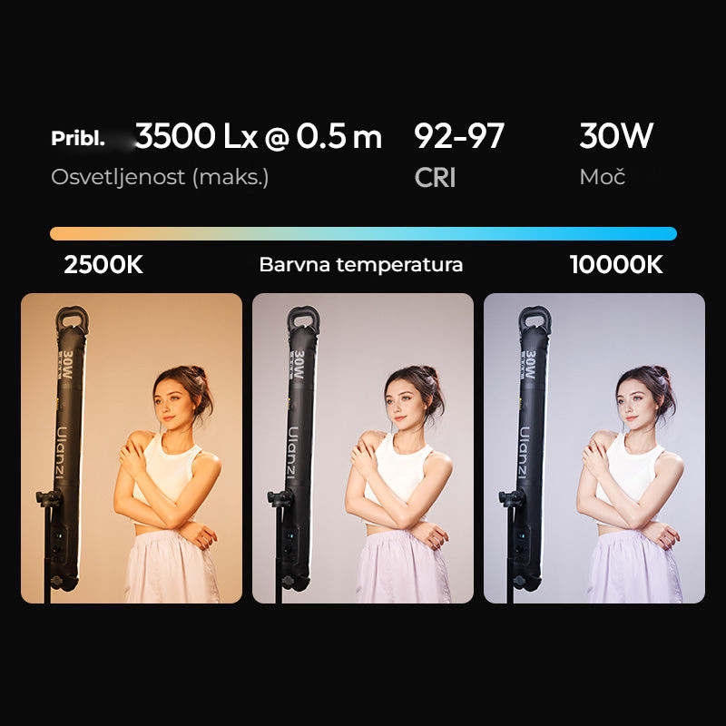 Ulanzi LA30 nafukovací RGB trubicové světlo – 30 W, 2500–10 000 K a CRI 92–97