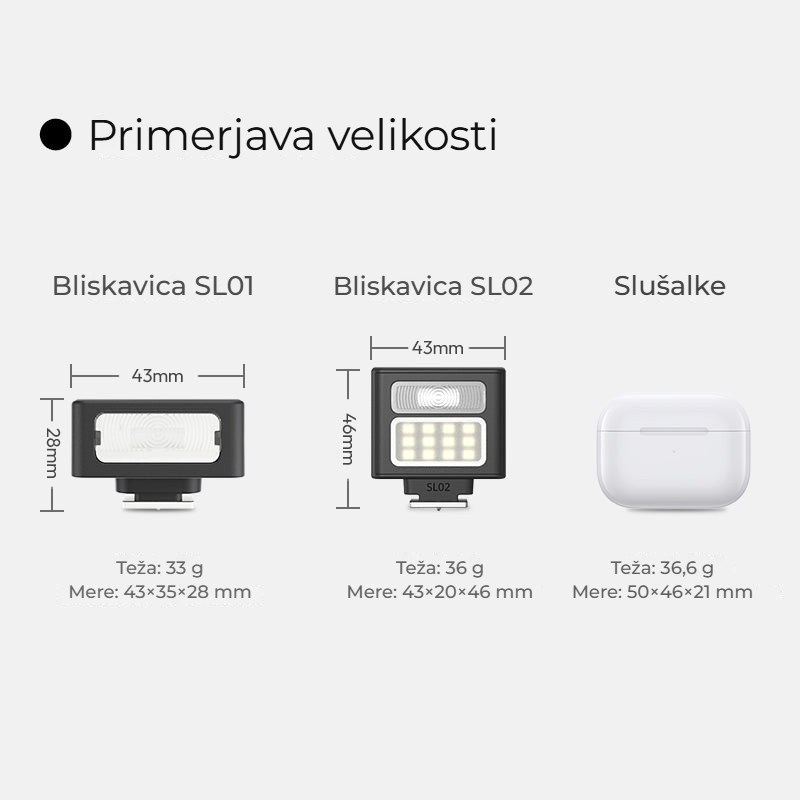 Ulanzi SL02 Spark Lite Camera Flash Light – Porovnání velikosti