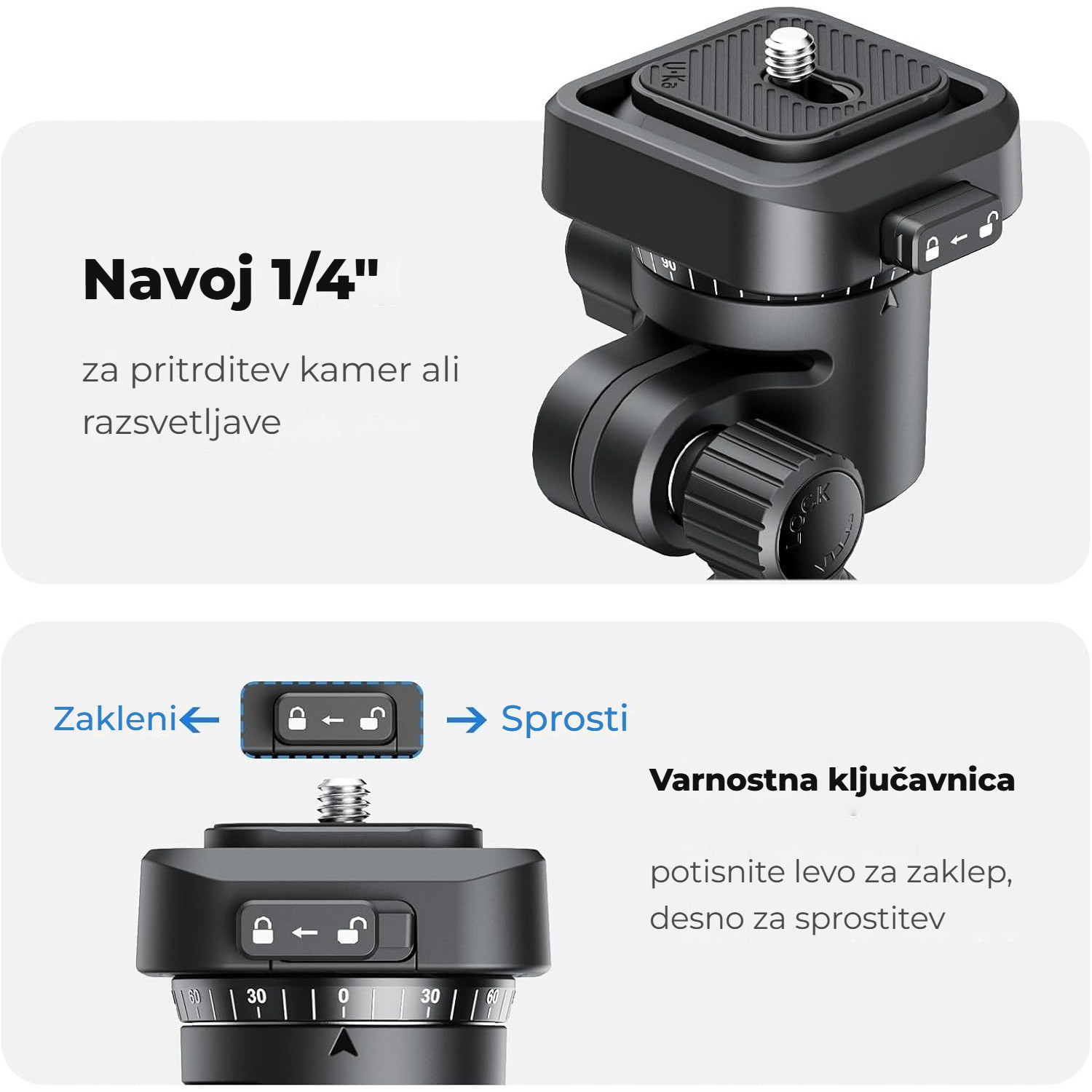 Ulanzi TH02 Uka obrácená kulová hlava – Posuvná pojistka a závit 1/4″