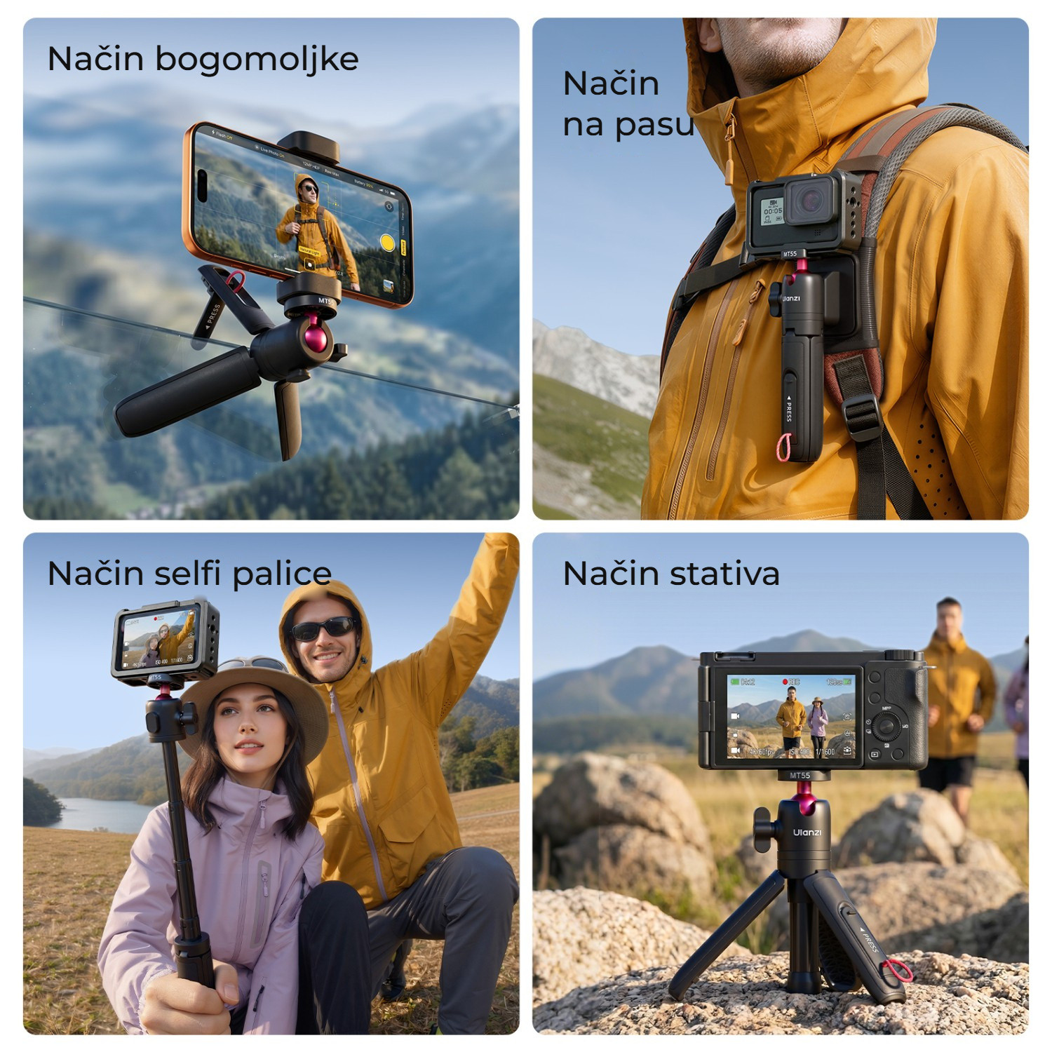 Ulanzi MT55 SnapGo ministativ a selfie tyč s uchycením 1/4″ – Čtyři způsoby natáčení