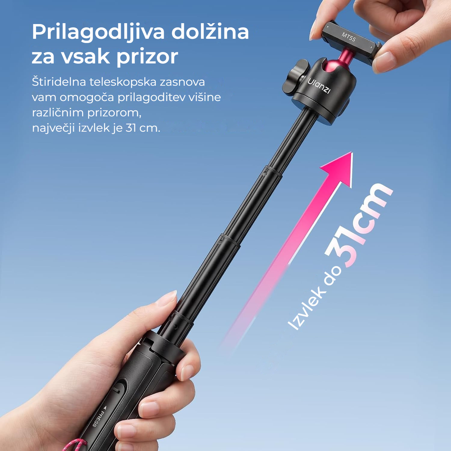 Ulanzi MT55 SnapGo ministativ a selfie tyč – Čtyřdílná teleskopická tyč