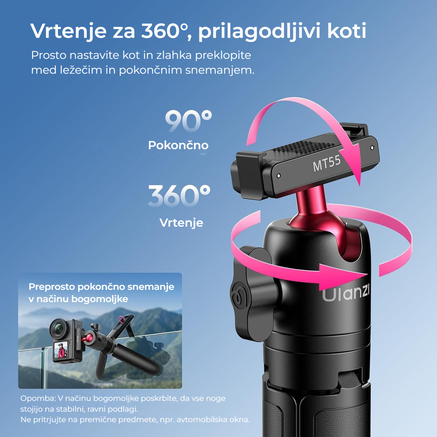 Ulanzi MT55 SnapGo ministativ a selfie tyč – Kulová hlava: 360° a 90°