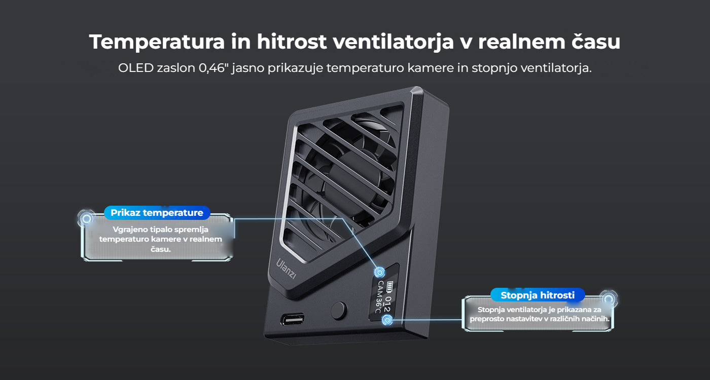 Ulanzi Camera Cooling Fan V3 stříbrný – Teplota a otáčky na displeji