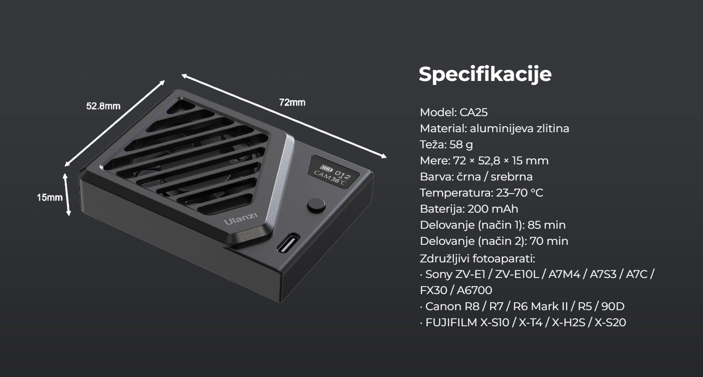 Ulanzi Camera Cooling Fan V3 stříbrný – Rozměry a kompatibilita