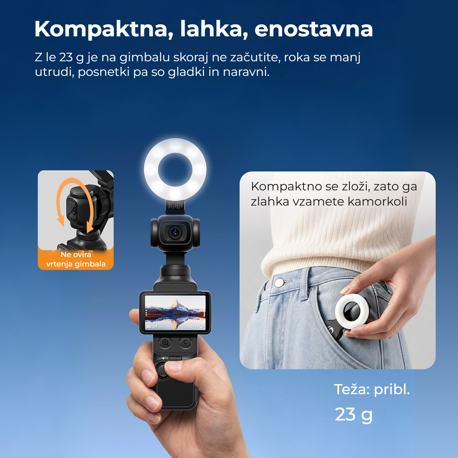 Ulanzi LM004 kruhové přisvětlení pro DJI Osmo Pocket 4 – 23 gramů a složí se s gimbalem