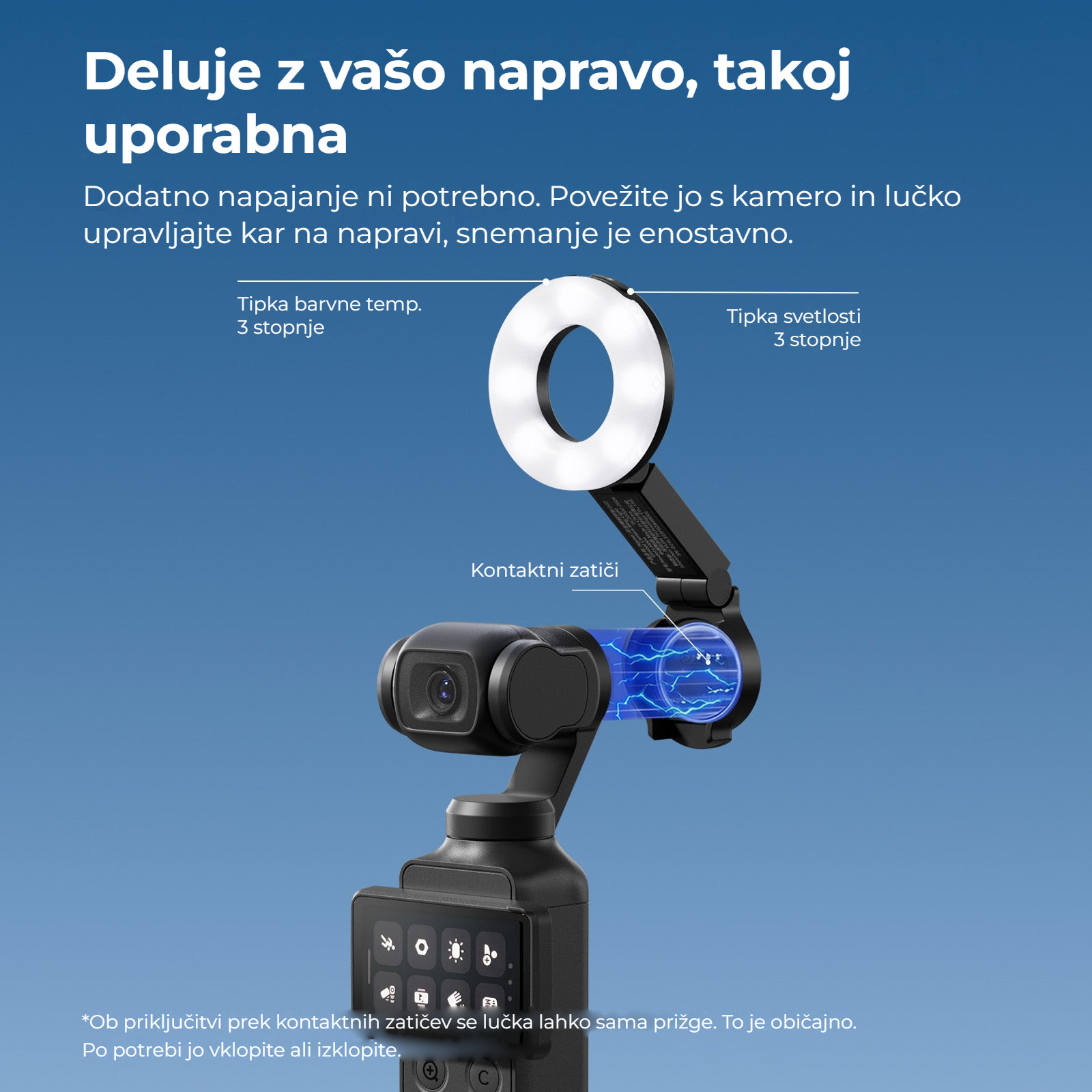 Ulanzi LM004 kruhové přisvětlení pro DJI Osmo Pocket 4 – Napájení a ovládání z kamery