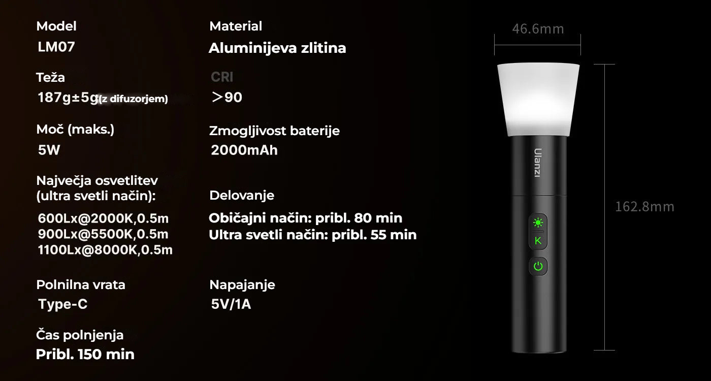 Ulanzi LM07 Videography Flashlight – Technické údaje